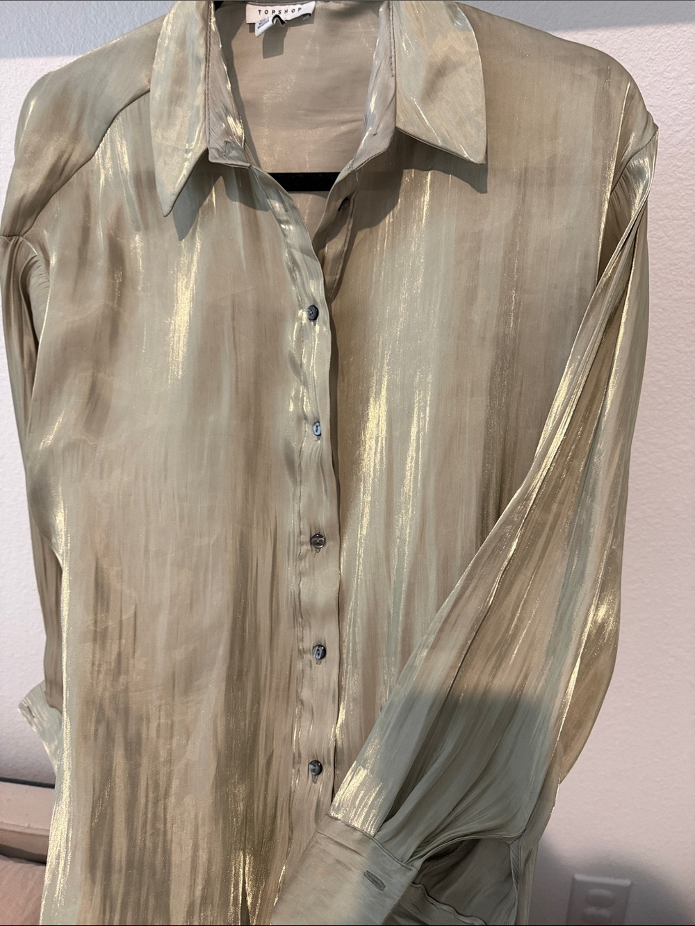 Topshop Shimmery Button-Down Long Sleeve Shirt - Sage/Gold